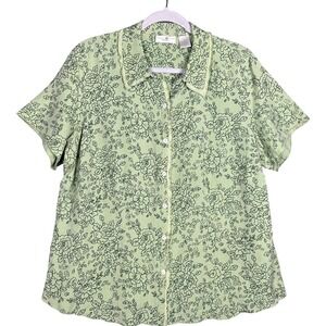 Preswick & Moore Floral Button Down Women 1X Green Linen Blend Boho Frayed Trim